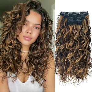 Curly Hair Extensions,LEOSA 4PCS 16 inch Clip in Hair Extensions Short Soft Natural Hairpiece Lace Weft Curly Wave Clip Ins Extensions Invisible for Women,Chocolate Brown with Honey Blonde