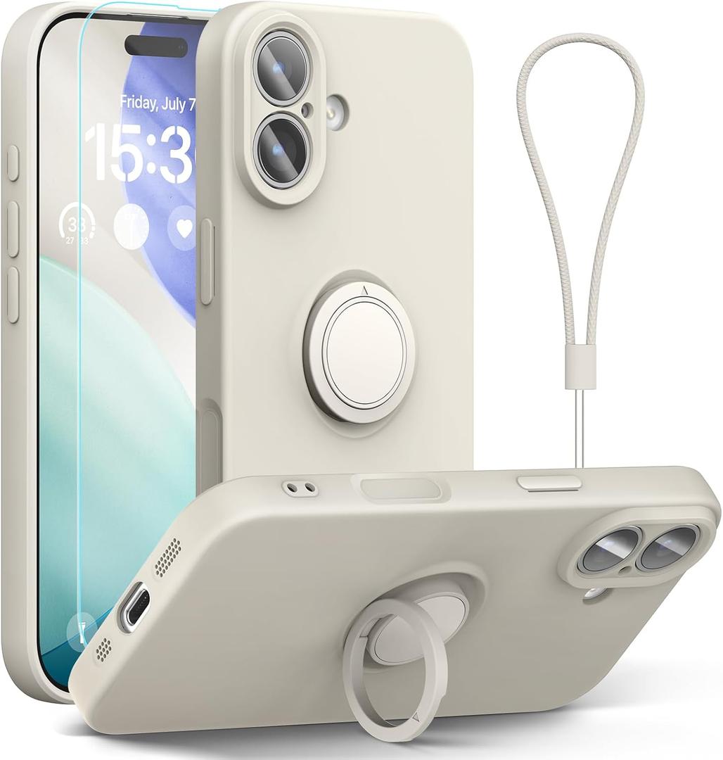 for iPhone 17 Case 6.3'', Ring Stand Silicone Slim Design (with Wrist Strap), Magnetic Car Mount Case Cover Compatible with iPhone 17 (White Stone)