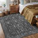 Washable Area Rug 6x9 Black Rugs for Living Room, Vintage Boho Large Rug for Bedroom Dining Room Office, Distressed Floral Print Carpet for Under Table, Soft Non Slip Low Pile Throw Carpet Indoor Mat