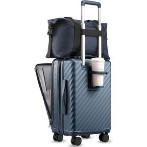 Carry On Luggage with Front Compartment and Cup Holder, KVF Expandable PC Hard Shell Suitcase with Front Pocket (FX-Plus, Midnight Blue, 2-Piece (20/Tote))
