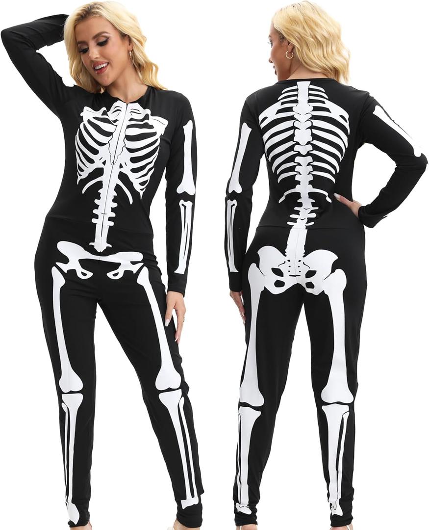 Skeleton Costume Women Front and Back Print Skeletons Sexy Form Fitting Bodysuit for Halloween (Large)