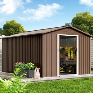 15 x 8 ft Outdoor Storage Shed, Metal Steel Utility Tool Shed Storage House with Frame Floor, Air Vents & Lockable Door, Waterproof Tool Sheds for Gardens, Patio, Garage, Lawn, Brown
