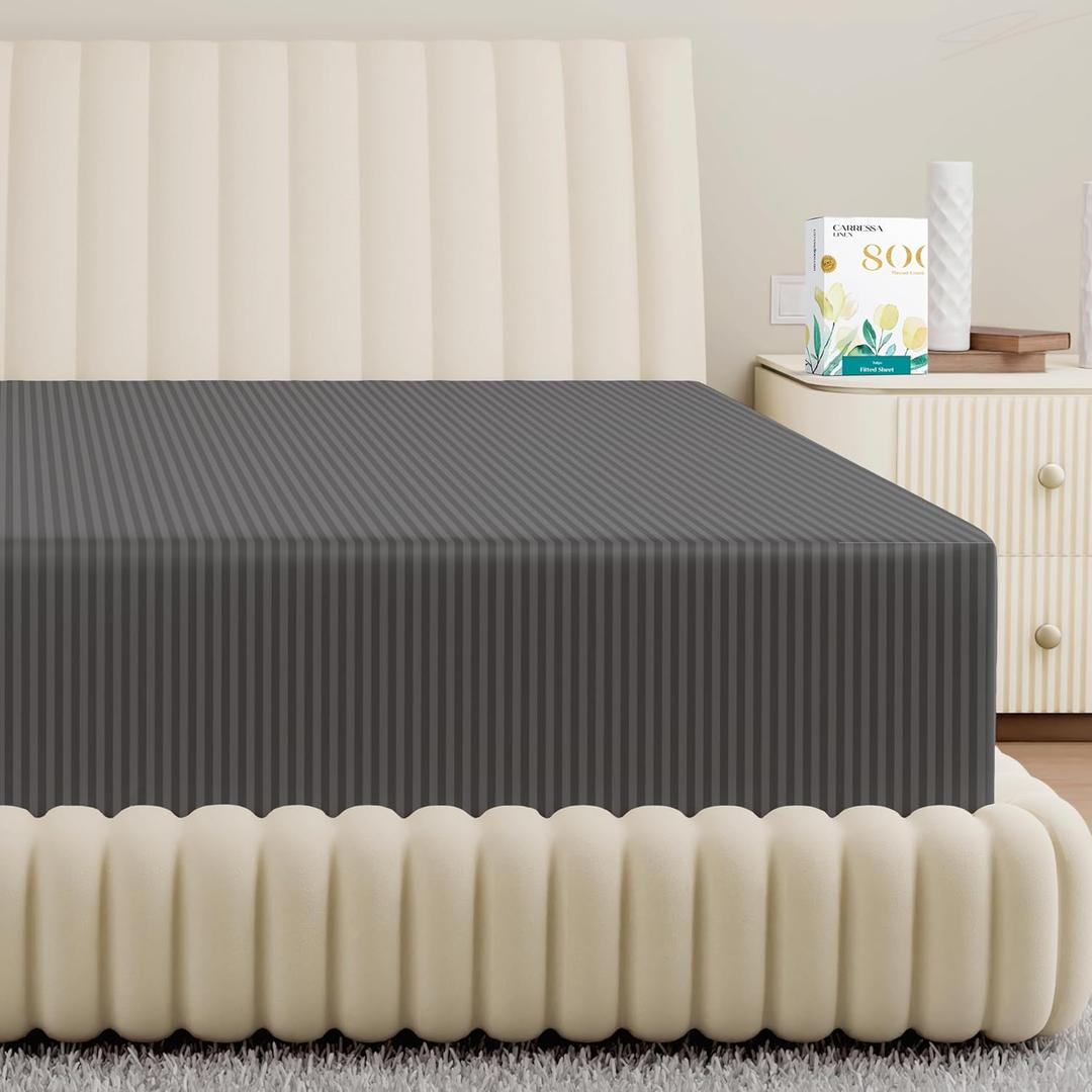 Carressa Linen 100% Egyptian Cotton Deep Pocket Queen Striped Fitted Sheet Only - 800 Thread Count Luxury Damask Fitted Sheet, Cooling Bottom Sheet, Fits Mattress Upto 18 in - Dark Grey Stripe (Stripe - Graphite Gray)