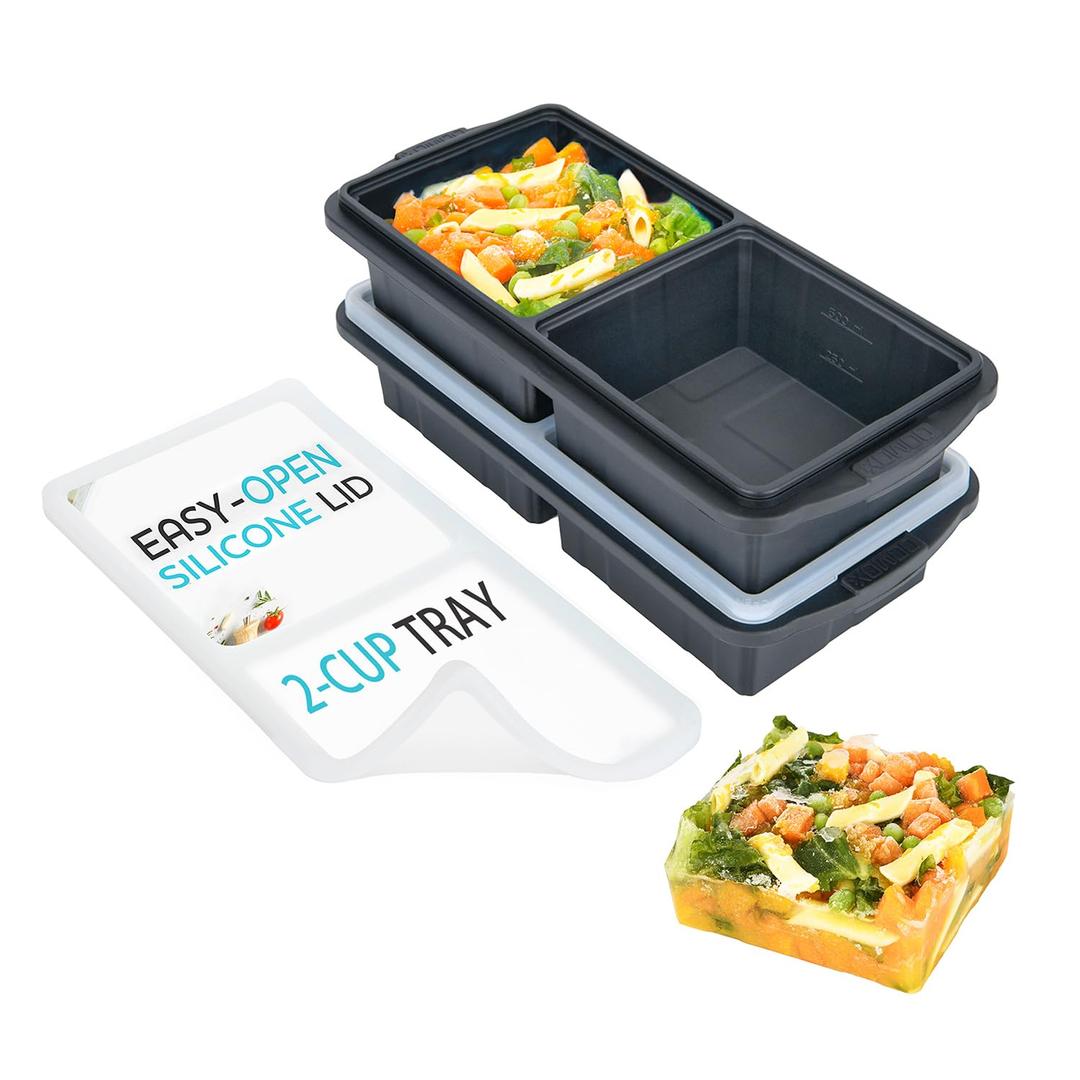 XOMOO Silicone Freezer Tray With Lid-Soup Freezer Container molds-2-cup Extra Large Ice Cube Tray-makes 4 perfect 500ml portions cubes, For freezing soup,stews,sauces.Oven&Dishwasher-Safe(2-Pack)
