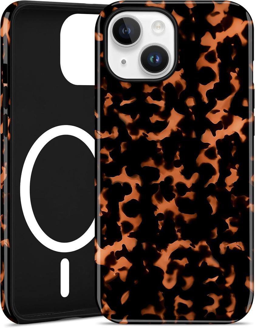 Jusy Compatible with MagSafe Brown Tortoise Shell Print Phone Case for iPhone 13/14, Amber Trendy Luxury Magnetic Soft TPU and Hard PC Protective Phone Cover for Women Girls - Turtle Shell