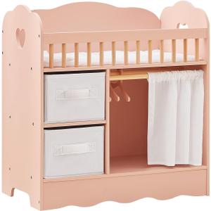 OOOK Baby Doll Crib, Wooden Baby Doll Bed and Changing Table, Dollhouse Furniture with Two Storage Box, Bedding and Coat Hangers, Nursery Playset Suitable for Dolls Under 22 Inches, Pink, 22 x 11.4 x 22.6 inches
