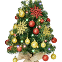 HOYECHI 24" Mini Christmas Tree - Small Christmas Tree Tabletop Christmas Tree Artificial Xmas Tree with Lights, Star Treetop, Ornaments Balls, DIY Christmas Decorations - Green & Gold