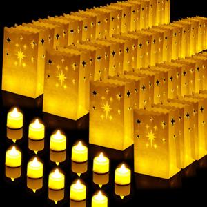 Sabary 50 Sets Luminary Bags with Flameless Tea Lights Outdoor Luminaries LED Lantern Candle Bags for Wedding Birthday Ramadan Christmas Party Decorations Romantic Decor(Firework)