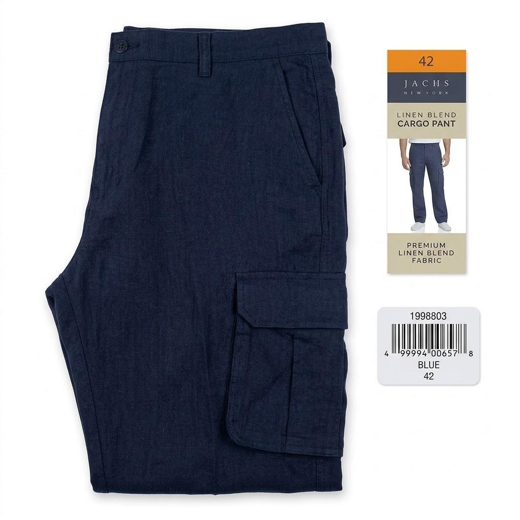 New York Straight Fit Stretch Traveler Pant, JACHS NY Men's Premium Linen Blend Cargo Pants - Blue (Size 42)