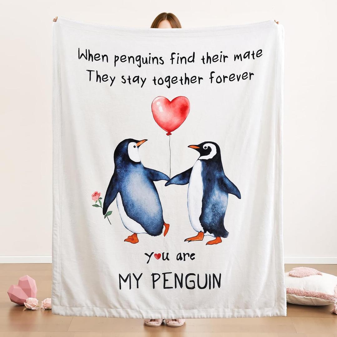 Janzaa MY PENGUIN Love Blanket - Beige Throw Wedding Anniversary Blanket for Men Women Boyfriend Couple - Romantic I Love You Gifts for Him/Her Birthday, Wedding, Valentines, Mothers Day 50'' x 60''