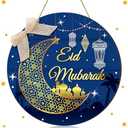 Anglechic Eid Mubarak Ramadan Kareem Door Sign Ramadan Wooden Hanging, Round Eid Mubarak Wooden Hanging Sign Wreath Moon Decorations, Muslim Wall Window Decorations(Eid Mubarak)