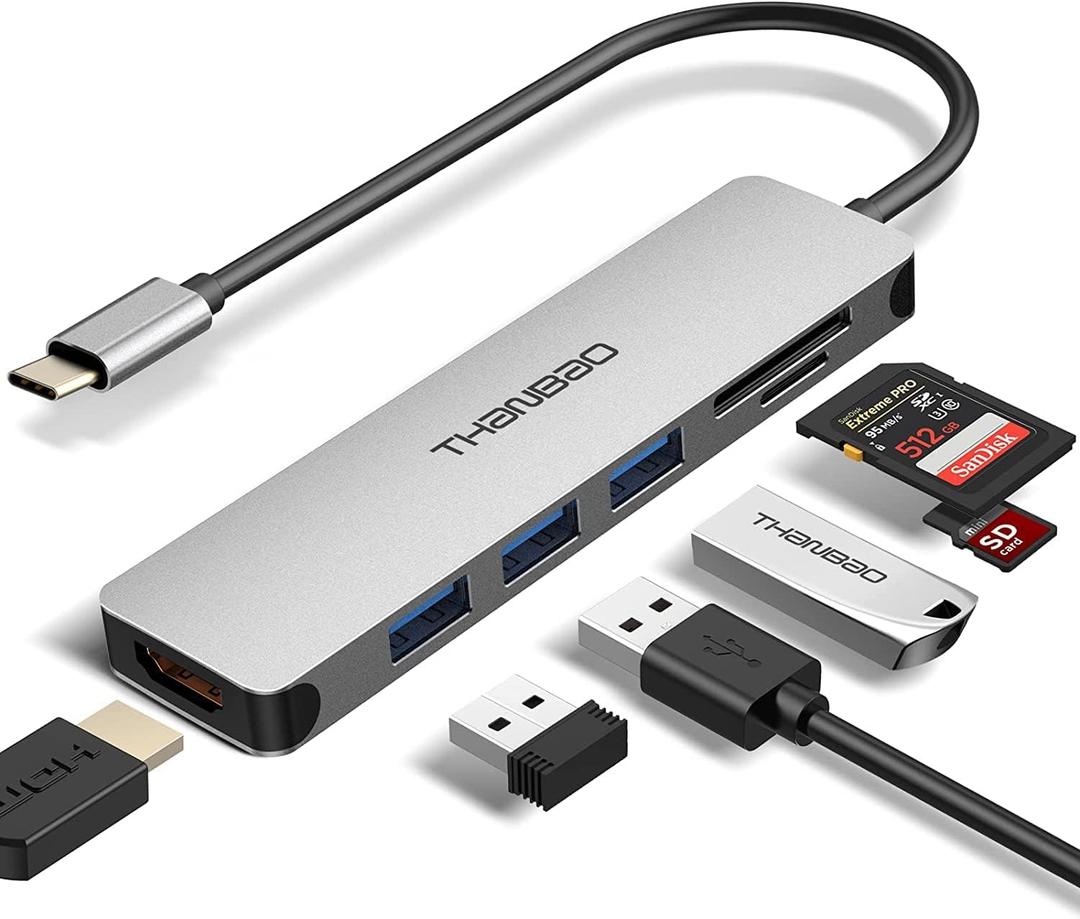 USB C Hub Multiport Adapter - 7 in 1 Portable Space Aluminum Dongle with 4K HDMI Output, 3 USB 3.0 Ports, SD/TF Card Reader Compatible for MacBook Pro, XPS More Type C Devices (Gray)