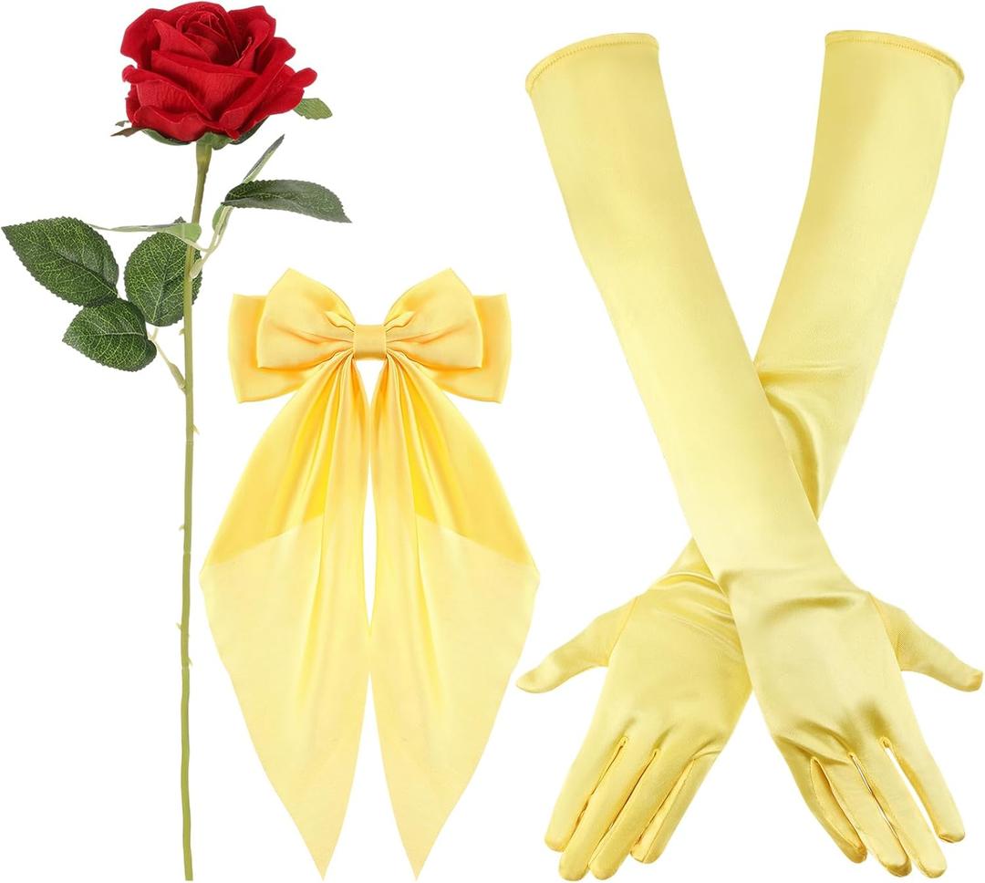 Preboun Princess Costume Accessories Yellow Bow Hairband Gloves Rose Flower Kit for Halloween Dress up Cosplay Birthday Party