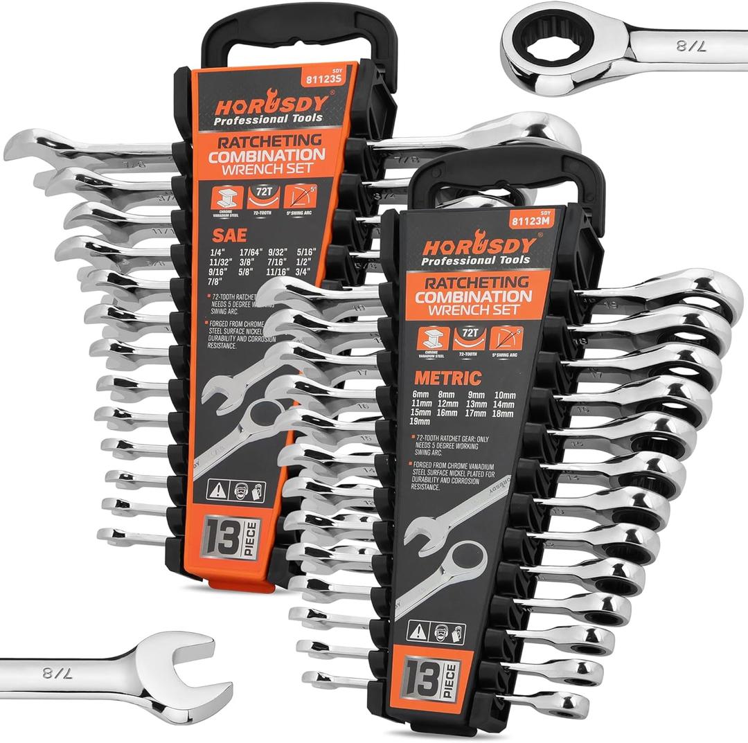 HORUSDY 26-Piece Ratcheting Wrench Set | Metric and SAE | Ratchet Combination Wrenches Set with Organizer | 72-Tooth | Chrome Vanadium Steel | 6-19 mm & 1/ 4” to 3/ 4“ (13-Piece Metric&SAE)