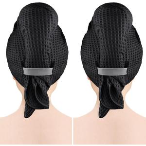 GLIMGLINT 2 Pack Black Microfiber Hair Towel Wrap for Long, Thick, Curly Hair, Super Soft, Fast Drying Waffle Hair Towel Wrap with Elastic Strap 40"X26.5"