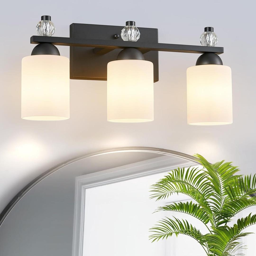 White Glass Bathroom Vanity Light Fixtures 3 Light Mid Century Black Vanity Light Over Mirror Modern Vanity Lights for Bathroom Mirror Hallway E26 Socket (Bulbs Not Included) (3-Lights)
