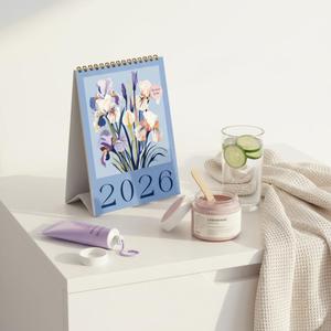 Desk calendar 2025-2026,October 2025-December 2026,Soft Iris Watercolor Floral Design Spiral Bound Stand Up small desk calendar 2025-2026 for Home Office Kitchen - Thick Paper Large Easy to Read Numbers (BULE)