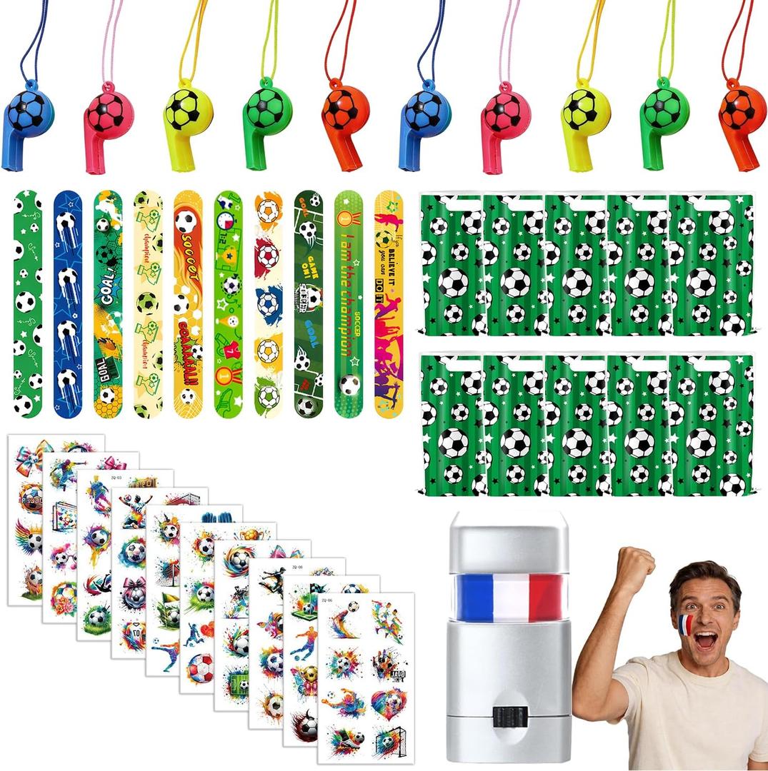 2 x LAHAND 41Pcs Soccer Party Favors,Soccer Goodie Bags Stuffers with Tattoos Stickers Patriotic Fan Facial Paint Sport Whistles Slap Bracelets for Soccer Party Supplies