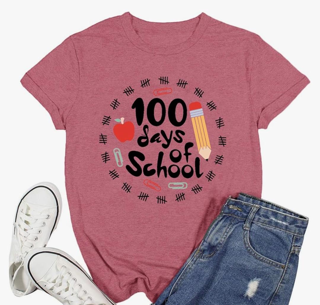 100 Days of School Shirts for Women Teacher School Days T-Shirt Happy 100th Day Teachers Tee Tops XL