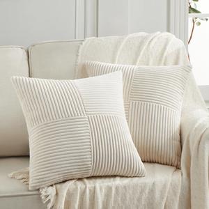 Fancy Homi 2 Packs Cream Decorative Throw Pillow Covers 22x22 Inch for Living Room Couch Bed Sofa, Rustic Farmhouse Boho Home Decor, Soft Corss Corduroy Patchwork Accent Square Cushion Case 55x55 cm