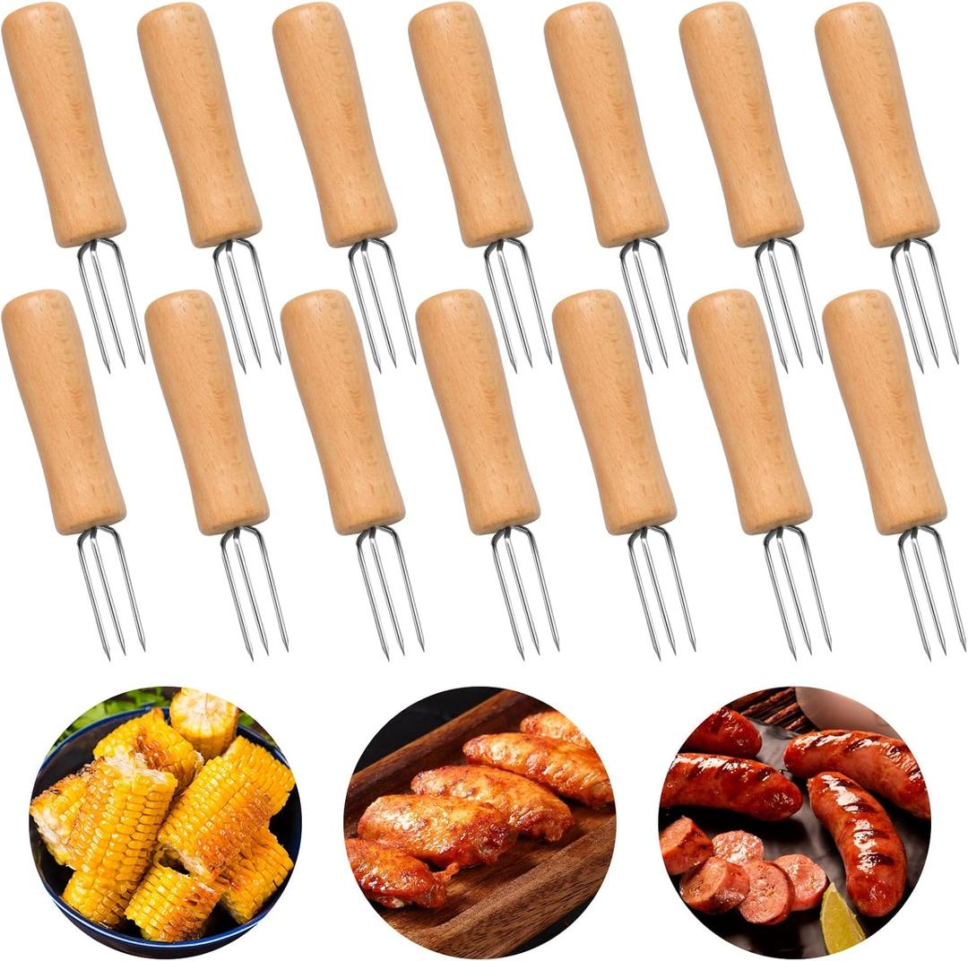 14 Pcs Stainless Steel Corn Holders, Stainless Steel Corn on the Cob Holders with Wooden Handle, Durable Anti-Scald Corn Holder for Home Camping Cooking BBQ