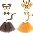 JATEBI 2 Sets Animal Costume Tutu for Kids,Include Giraffe and Leopard Ears Headbands Tails Face Sticker Bowtie Fancy Dress Costumes Kit
