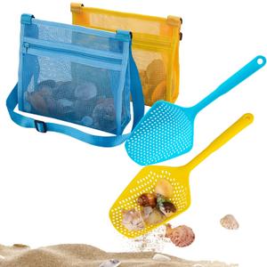 Beach Mesh Shovel with Beach Mesh Bag Beach Shell Bags for Holding Beach Shell, Toys Kids Filter Sand Scooper for Picking Up Shells Shark Tooth Sifter Dipper Beach Toys Accessories (Yellow+blue)