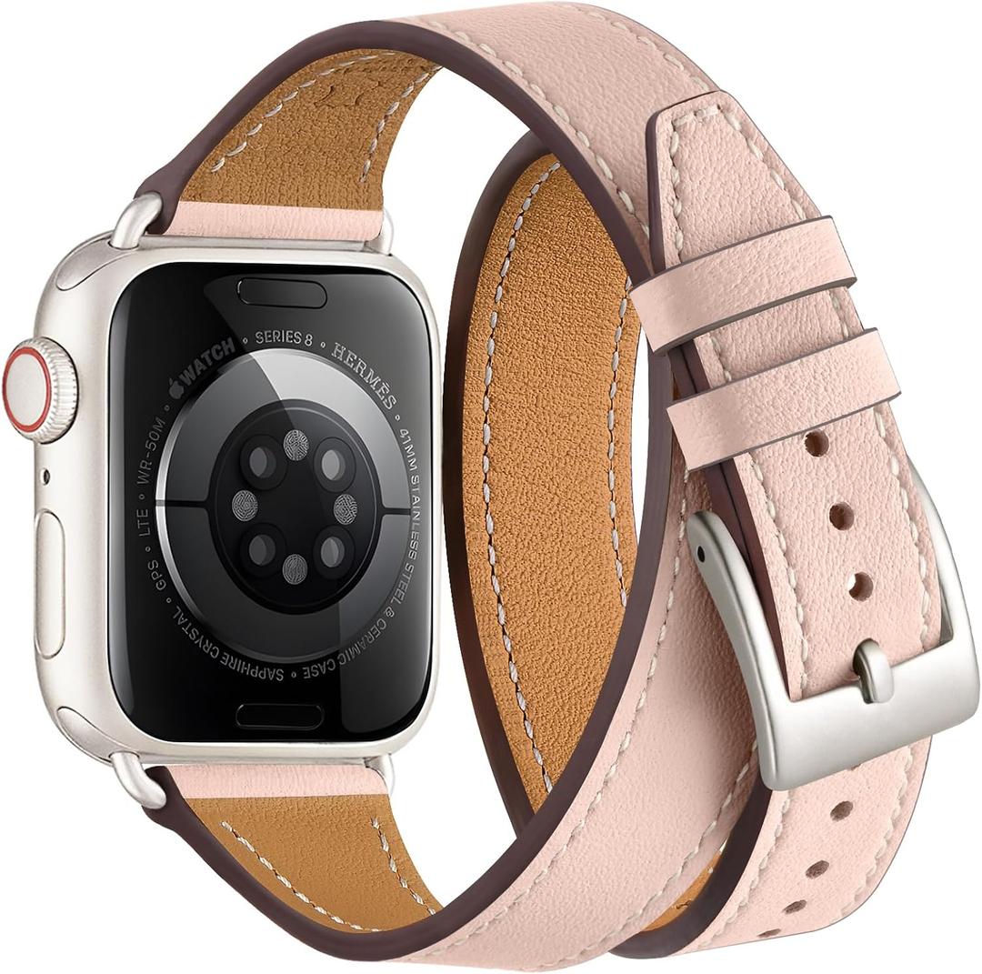Bestig Bands Compatible with Apple Watch Band 40mm 41mm 38mm 42mm(Series 10 11) Women Men, Genuine Leather Double Tour Designed Slim Thin Strap for iWatch SE1/2/3 Ultra 3/2/1 Series 9 8 7 6 5 4 3 2 1