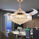 DuMaiWay 52" Dimmable Chandelier Ceiling Fan with Lights,Retractable Crystal Fandelier Ceiling Fan with APP Control for Bedroom Living Room Polished Gold 6 Speed