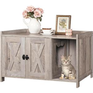 MAHANCRIS Cat Litter Box Enclosure, Hidden Litter Box Furniture with Divider, Indoor Cat House, Wooden Cat Washroom Storage Cabinet Bench, Side End Table Nightstand, Greige CWHG2501Z