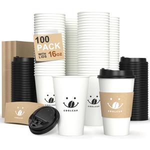 Coffee Cups with Lids and Sleeves, 16 Ounce 100 pack To Go Coffee Cups with Lids, Disposable Hot Coffee Paper Cups Bulk for Hot Beverage (16 Ounce, White)