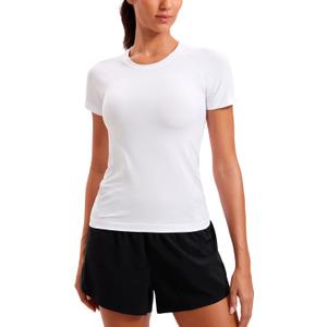 CRZ YOGA Seamless Workout Tops for Women Hip Length - Athletic Running Gym Yoga Short Sleeve Shirts Breathable Crewneck Tees (X-Large, White)