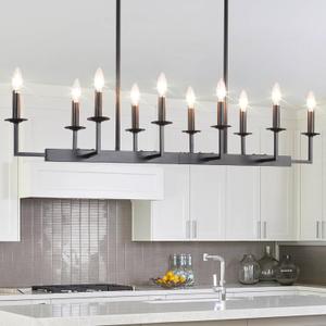 48-Inch Rustic Black Linear Chandelier,Extra Long Candle Chandelier,Black Light Fixture for Dining Room Living Room Kitchen Island, Modern Rectangular Chandelier(10-Light,Bulbs Not Included)