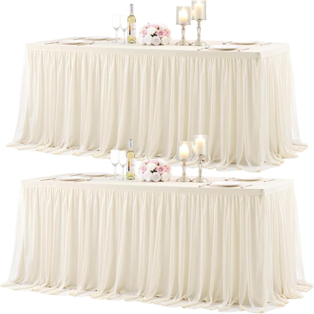 2 Pack 6ft Ivory Tulle Tablecloth for Rectangle Tables 6 Foot Ivory Wedding Table Cloths Rectangular Wrinkle Free Table Cover with Tutu Skirt for Baby Shower Birthday Party Banquet Buffet Cake