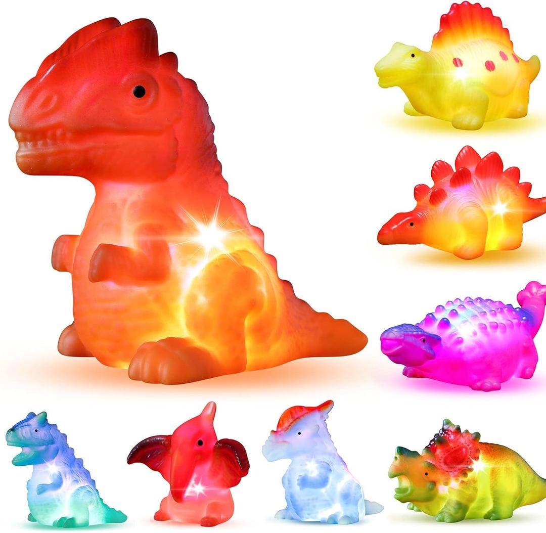 8 Pack Light up No Hole Dinosaur Bath Toy Set, Flashing Color Changing Light in Water, Floating Dino Bathtub Bathroom tub Pool Toy for Baby Infant Kid Toddler Child Boy Girl Preschool in Christmas