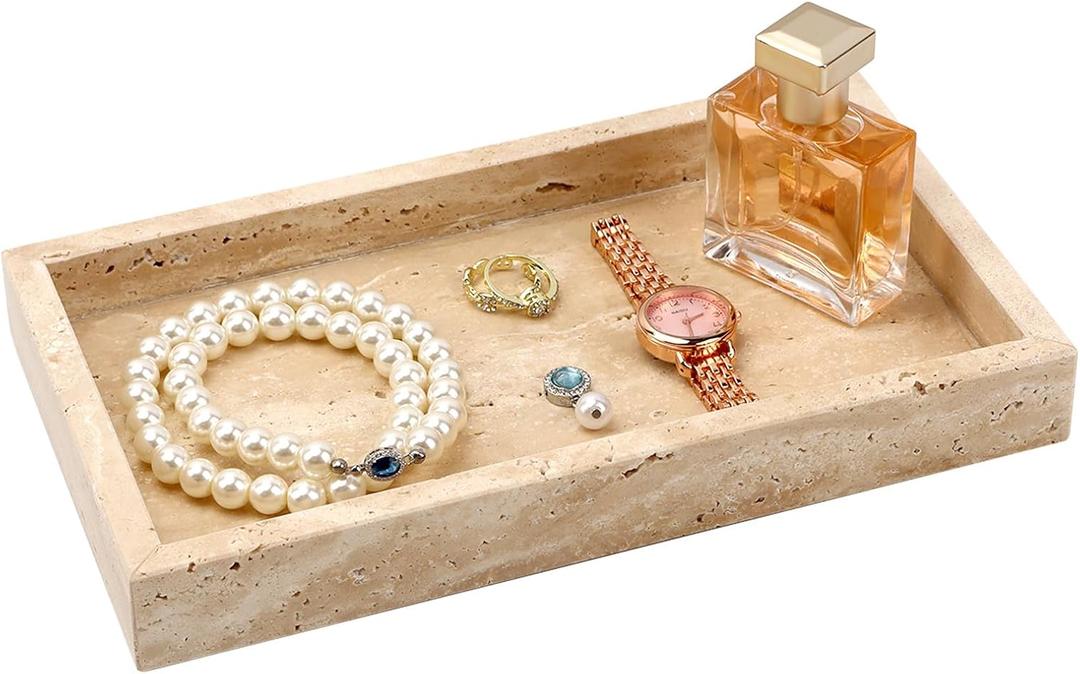 Natural Travertine Tray, 9.7x5.5 Inch Bathroom Vanity Organizer for Perfume Jewelry Candle Makeup,Decorative Stone Tray for Bathroom Toilet Tank Kitchen Sink Table, Beige