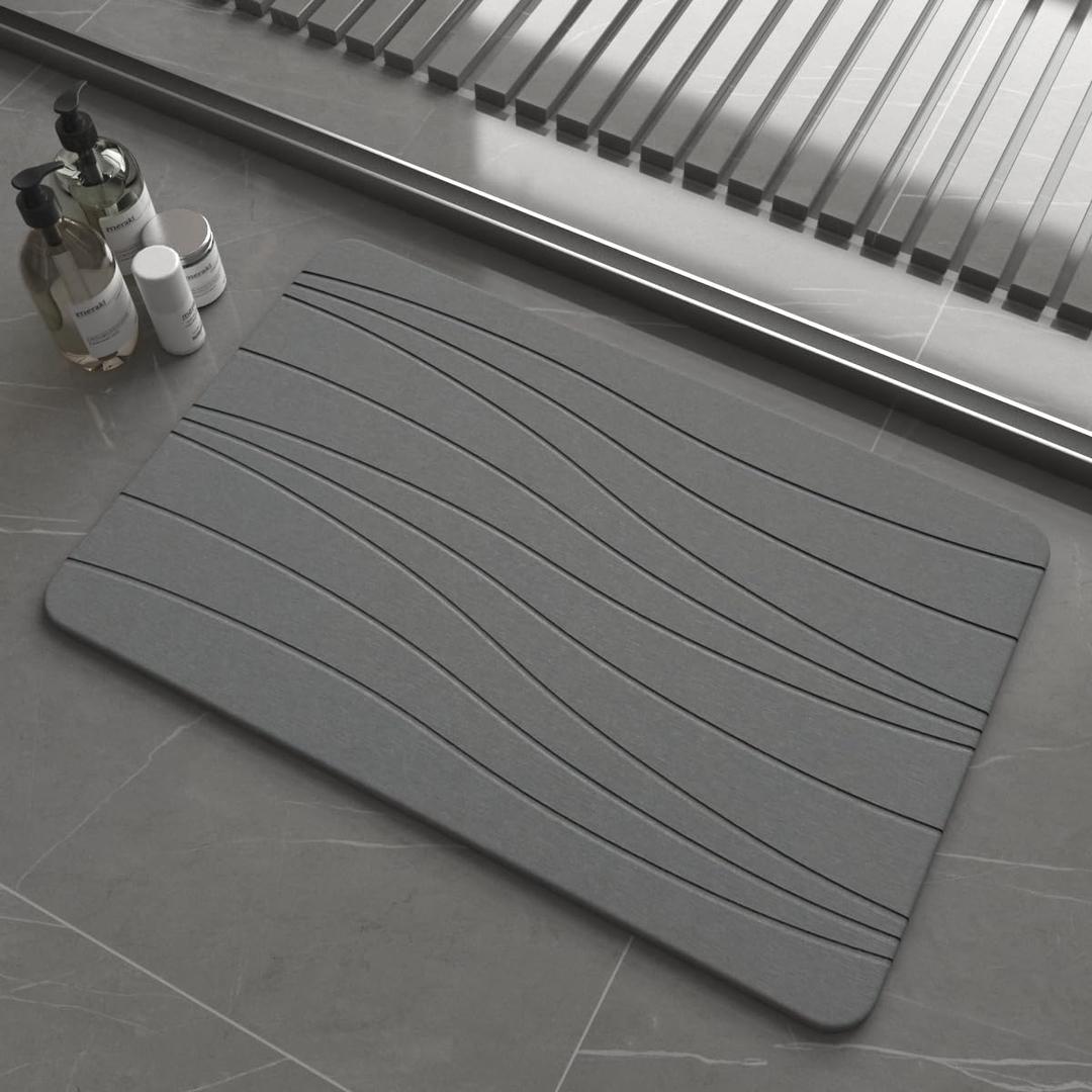 Fast Drying Stone Bath Mats for Bathroom, Non-Slip Diatomaceous Earth Bath Mat, Super Absorbent Bath Mat Stone Dark Gray Wave, 1'3" x 1'11"