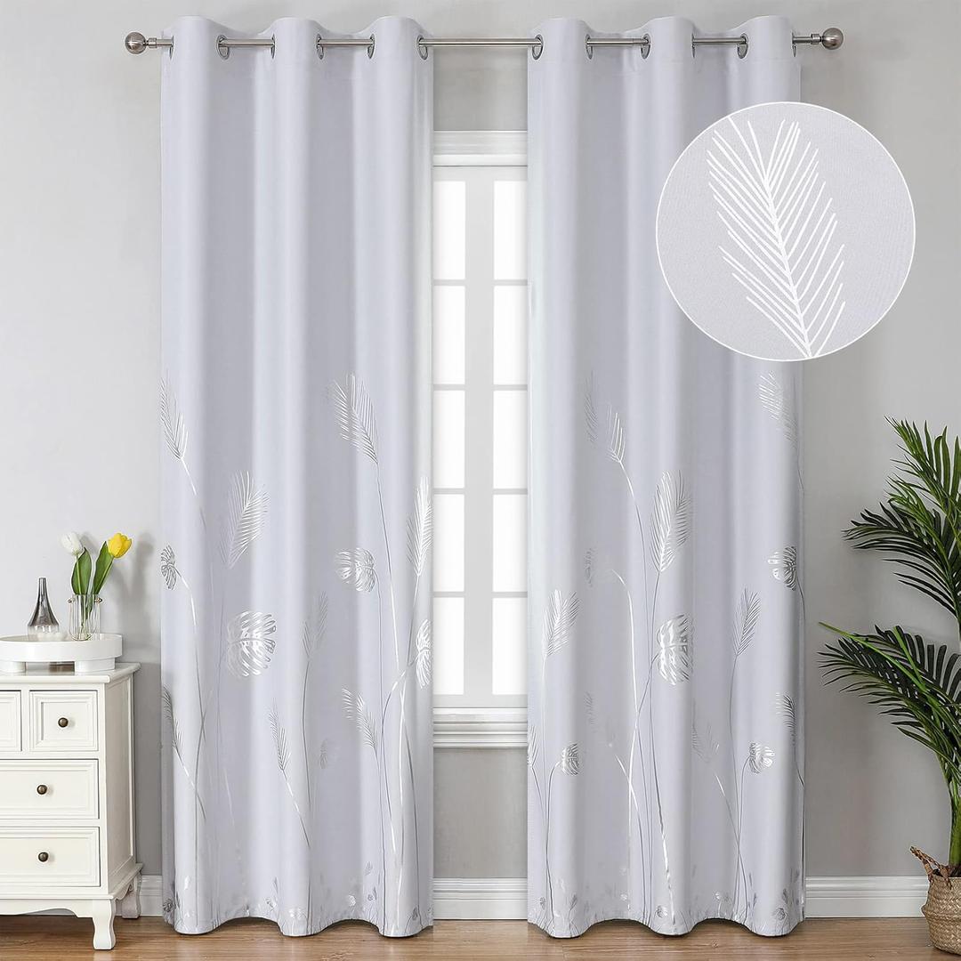 Estelar Textiler Greyish White Room Darkening Curtains 2 Panels for Living Room, Light Filtering Energy Saving Window Grommet Drapes with Silver Palm Leaf Design for Bedroom, 42Wx96L, 2 Drapes