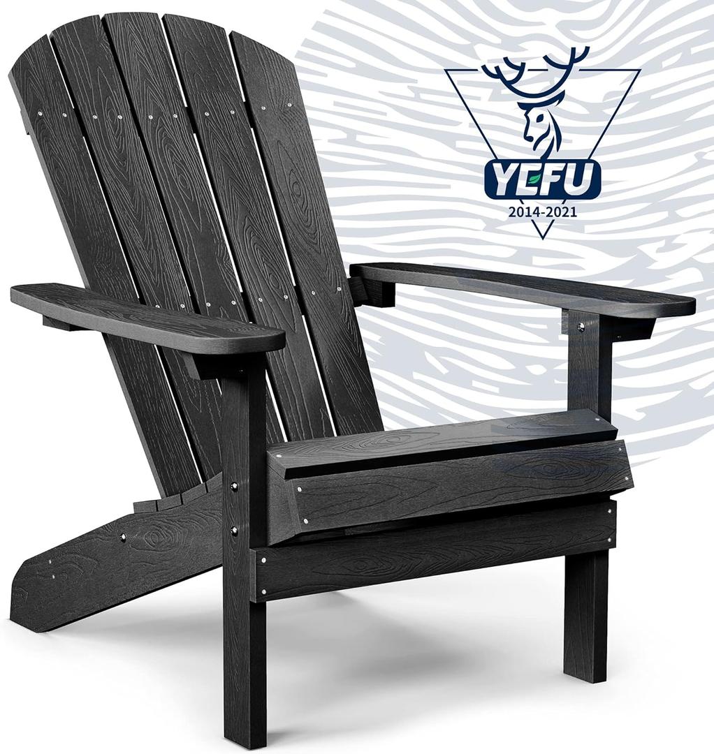 YEFU Adirondack Chair Weather Resistant: Outdoor Chair HIPS Plastic Adirondack Chairs - Patio Chairs with Wood Texture - Lawn Fire Pit Deck Porch Garden Chairs for Adults (Black) (1-Piece Modern Chair Set)