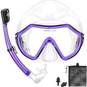 Snorkeling Gear for Adults, Dry Adult Snorkel Set HD Panoramic View Snorkel Mask Set, Anti-Leak and Anti-Fog Scuba Diving Package with Mesh Bag Ear Plug for Snorkeling Scuba Diving Travel (Purple/Transparent)