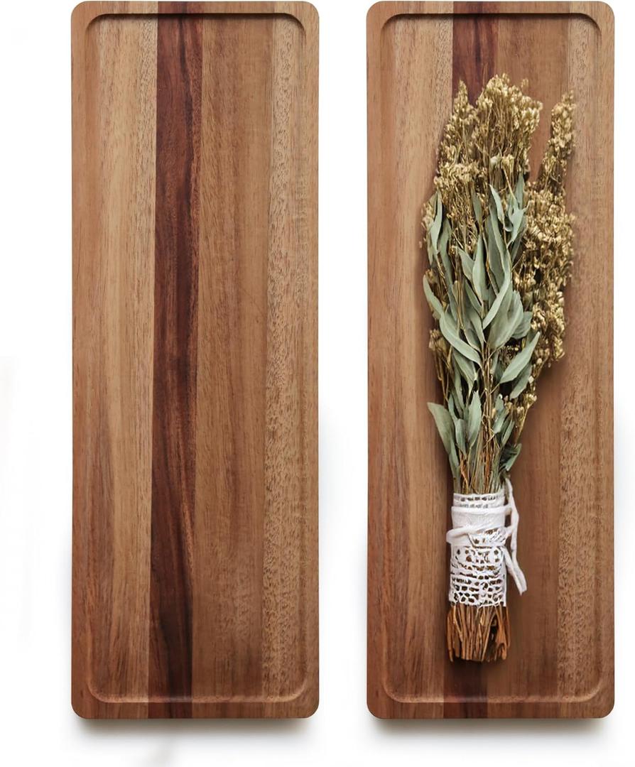 16.5-inch Acacia Wood Serving Platters Tray,Rectangle Wooden Platter with Raised Edge for Home Kitchen Decor, Food, Cheese, Fruit,Charcuterie, Appetizer Serving Tray. (2, 16.5-inch)