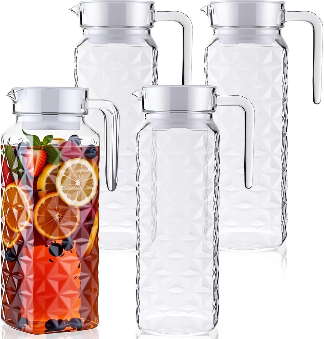 Didaey 4 Pcs Acrylic Water Pitcher with Lid, Spout Handle Clear Plastic Pitcher Heat Resistant Carafe Unbreakable Beverage Container Fridge Jug for Juice Ice Tea Sangria Lemonade(37 oz, Diamond)