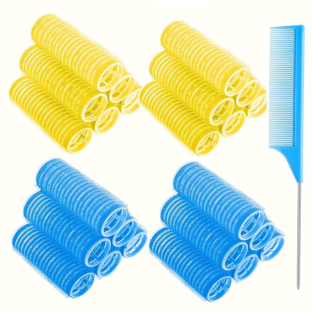 24 Pcs Self-Grip Small Hair Rollers Set, Curlers for Women Short Hair and Bangs, No Heat Hair Curlers to sleep in (25 mm, Blue and Yellow)