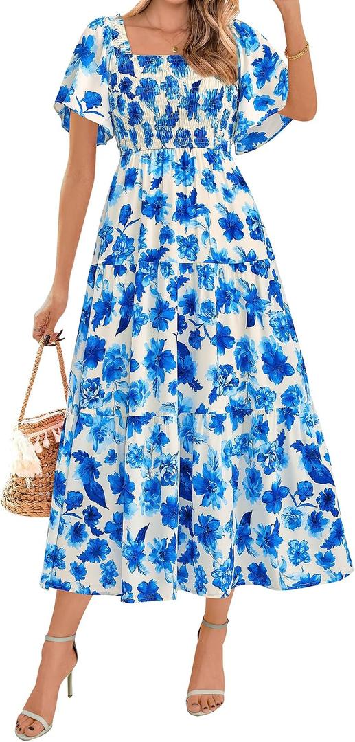 BTFBM Women's Clothing Wedding Guest Dresses Casual Boho Floral Short Sleeve Smocked Maxi Beach Spring Summer Dress 2026 (S)