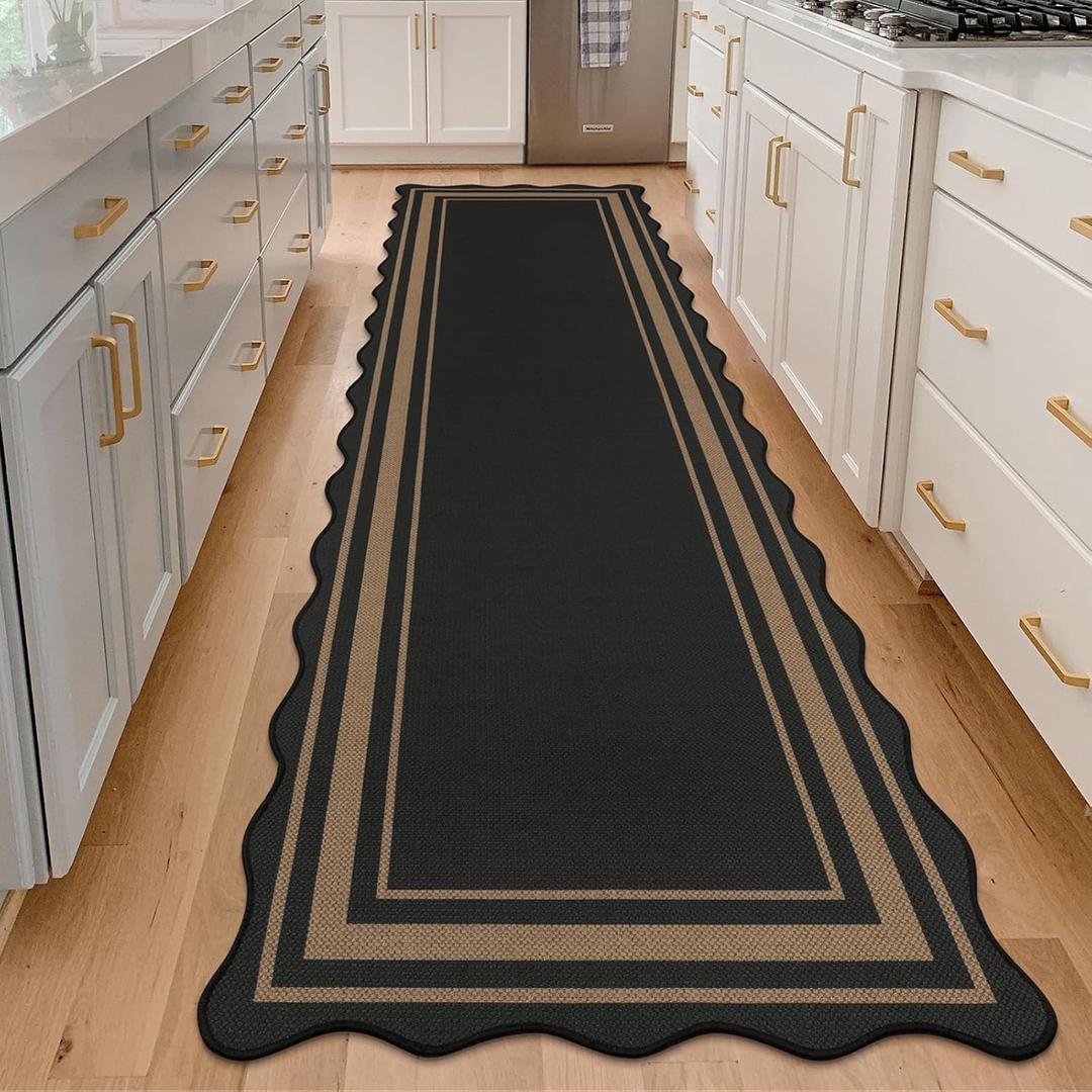 SHACOS 3x10 ft Washable Runner Rug Scalloped Non Slip Woven Texture Geometric Farmhouse Modern Carpet for Porch Hallway Kitchen Entryway Indoor Outdoor Patio Carpet Black, 3'x10'