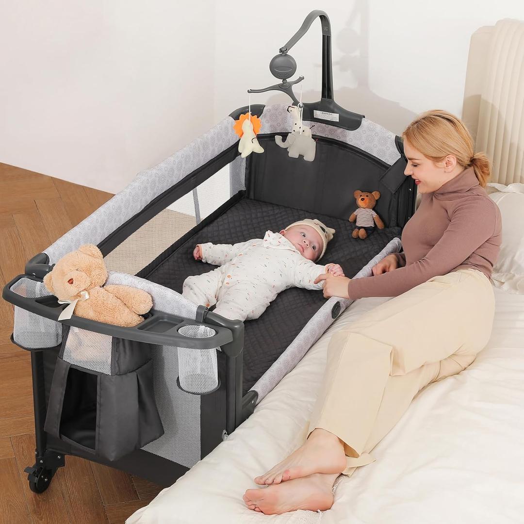 4 in 1 Wide Baby Bassinet Bedside with Diaper Changer,Long Next to Bed Crib with Mattress,Sheet,Music and Blackout Cover,Playpen Travel Bed with Storage,XL Co Sleeper with 3 Adjustable HeightAmazon's Choice