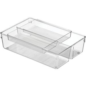 mDesign Plastic Stackable Kitchen Storage Drawer Organizer Bin with 2-Tier Tray for Cabinet, Pantry, Drawer, Refrigerator, Freezer - Hold Utensils, Flatware, Appliances - Ligne Collection - Clear