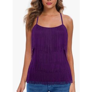 MANER Women’s Fringe Top Tassel Trim Cami Spaghetti Strap Tank Tops S