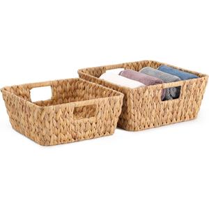 Square Water Hyacinth Storage Baskets Set of 2, Woven Basket for Christmas Gifts Empty, Handwoven Wicker Baskets Organizers with Handles for Pantry, Living RoomShelf & Home Decor,Medium