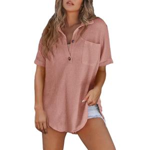 Astylish Women Waffle Knit Tops Henley Shirts Long Sleeve V Neck Solid Color Casual Tunic (Pink, S)